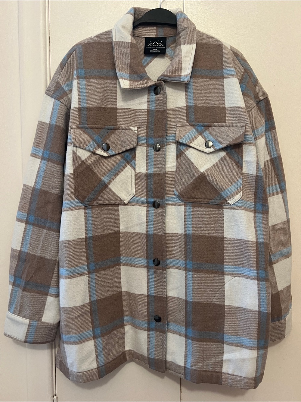 Plaid wool-blend Button-Front Overshirt Jacket - Brown/White/Light Blue